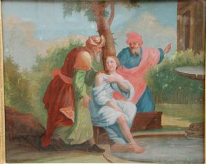Susanna e i vecchioni dipinto su vetro con cornice dorata scuola veneta del XVIII° sec. cm.40x34